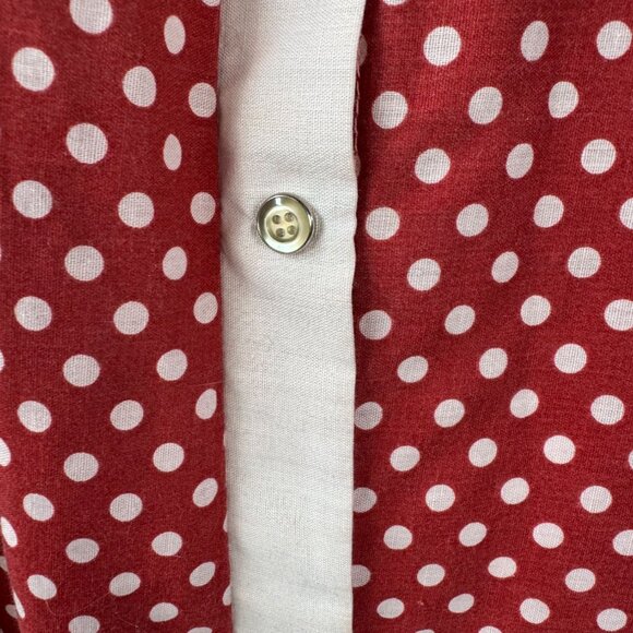 Vintage 1950s Red & White Polka Dot Button-Up House Dress With Short Sleeves - Picture 15 of 16